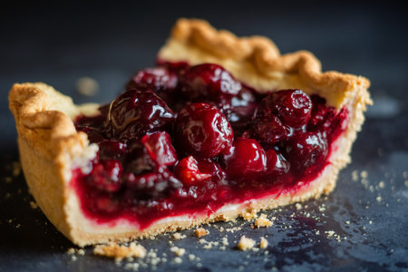A slice of berry pie showcasing vibrant mixed berries in a flaky golden crust.の素材