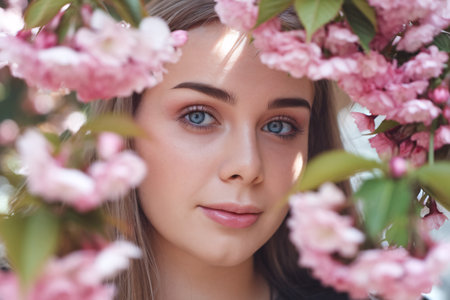 A serene young woman with blue eyes framed by vibrant pink blossoms, radiating natural beauty and tranquility.の素材