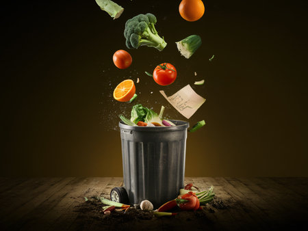 Colorful vegetables and fruits being tossed into a black trash bin against a dark background.の素材