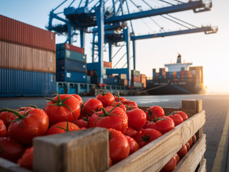 Fresh red tomatoes in a wooden crate at a bustling shipping port during sunset.の素材