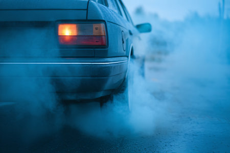A vintage car releases smoke in a moody, rainy atmosphere, creating a cinematic vibe.の素材