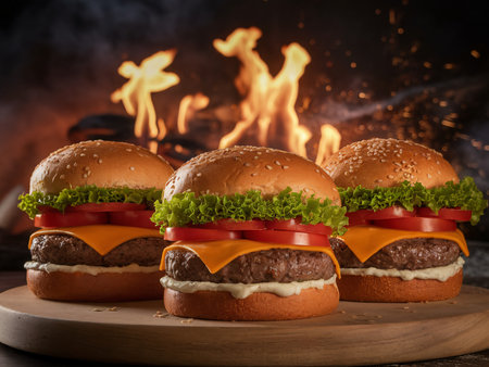 Three delicious cheeseburgers with fresh lettuce, tomatoes, and melted cheese, set against a fiery backdrop.の素材