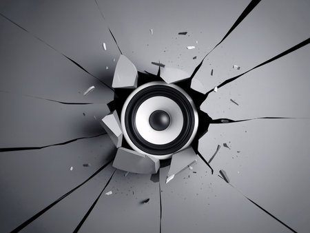 A dynamic speaker bursting through a cracked gray wall, symbolizing powerful sound and energy.の素材