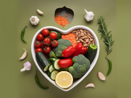 Colorful heart-shaped arrangement of fresh vegetables and legumes on a green background, conveying health.の素材