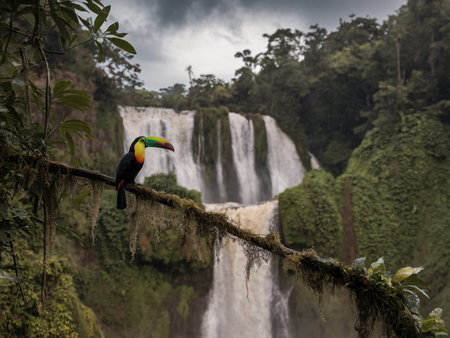 A vibrant toucan perched on a mossy branch against a stunning waterfall backdrop in a lush rainforest.の素材