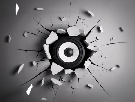 A dynamic image of a black speaker breaking through a cracked wall in a dramatic display.の素材