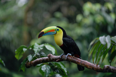 A vibrant toucan perched on a branch amidst a lush green rainforest, adding colors to a rainy scene.の素材