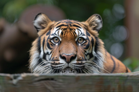 Close-up of a majestic tiger's face, showcasing its powerful features and striking fur patterns.の素材