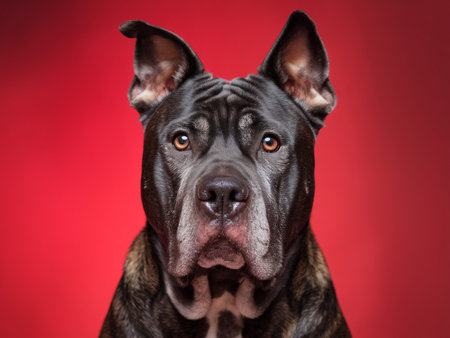 Close-up portrait of a muscular black dog with a serious expression against a vibrant red background.の素材