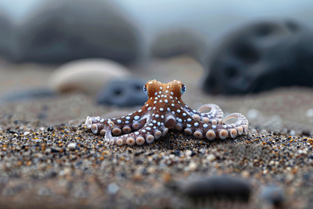 A vibrant octopus with intricate patterns rests on a sandy ocean floor, showcasing its unique colors.の素材