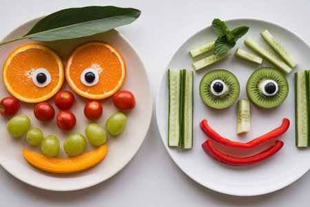 Fun fruit and vegetable faces arranged on plates, showcasing creativity with bright colors and playful design.の素材