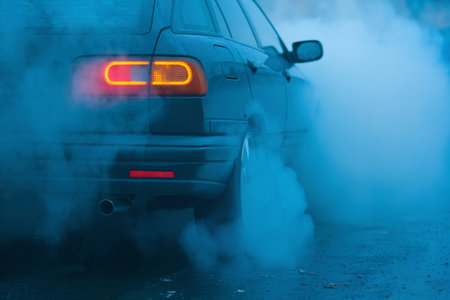 Smoke billows from a dark sedan, creating an intense, mysterious atmosphere on a rainy street.の素材