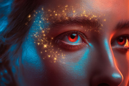 Close-up of a female with bright eyes and shimmering stars on skin, creating a magical and captivating effect.の素材
