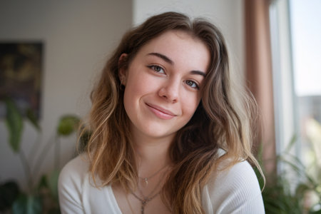 A smiling young woman with wavy hair poses warmly near window, illuminated softly by natural light.の素材