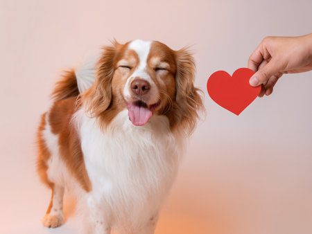 Happy brown and white dog with eyes closed, smiling at a red heart held in a human hand.の素材