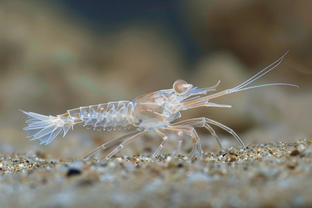 Transparent shrimp exploring sandy ocean floor, showcasing intricate details and delicate features.の素材