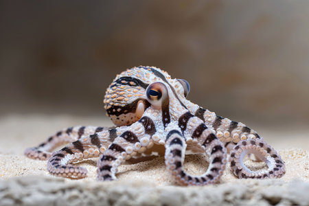 A vibrant, multi-colored octopus displaying its intricate patterns on sandy ocean floor.の素材