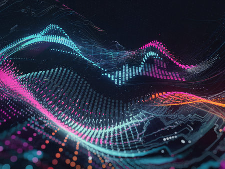 Abstract digital waves with vibrant colors in a dark setting, creating a dynamic and futuristic atmosphere.の素材