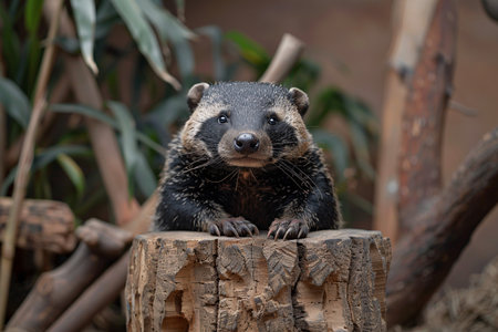 A curious raccoon dog peers over a log in its natural habitat, showcasing its unique features and textures.の素材
