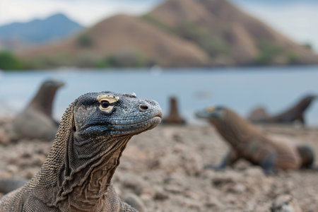 Close-up of a textured Komodo dragon gazing into the distance, with blurred beach and hills behind.の素材