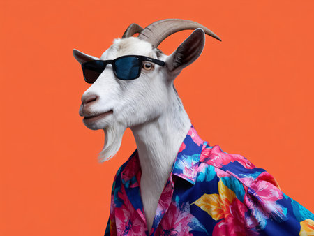 A goat in sunglasses and a colorful floral shirt against a vibrant orange background.の素材