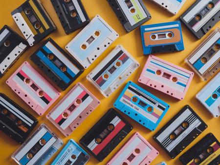 Colorful cassette tapes scattered on a vibrant yellow background, evoking nostalgia and fun.の素材