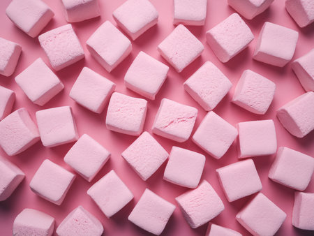A vibrant arrangement of pink marshmallow squares on a pink background, creating a sweet and playful mood.の素材