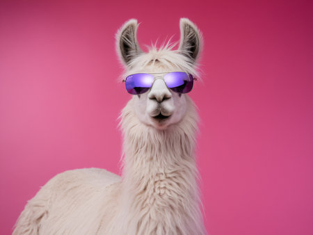 A stylish white llama wearing sunglasses poses against a bright pink background.の素材