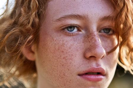 A close-up of a female with curly red hair and freckles, showcasing natural beauty and calm expression.の素材