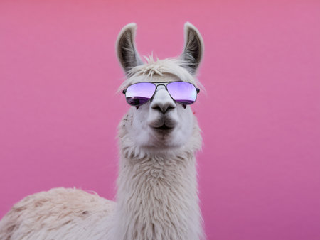 A stylish white llama wearing sunglasses against a vibrant pink background.の素材