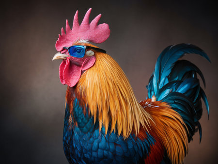 A vibrant rooster with colorful plumage and stylish glasses, exuding confidence and charm.の素材