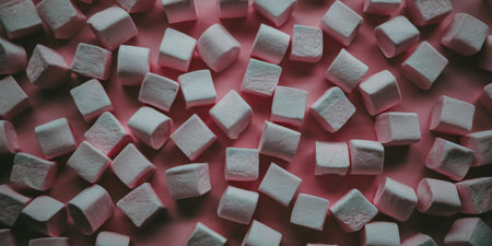 Colorful marshmallows scattered on a pink surface, creating a playful and sweet atmosphere.の素材