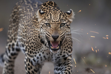 A fierce leopard baring its teeth, showcasing intricate spots and a powerful stance amidst flying debris.の素材