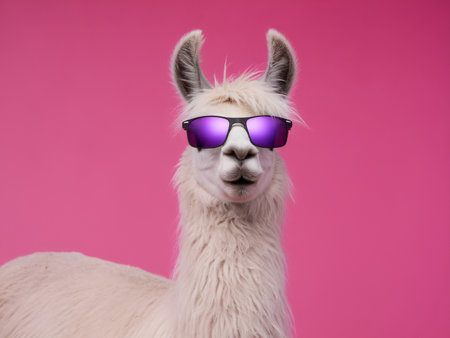 A cool white llama wearing sunglasses poses against a vibrant pink background.の素材