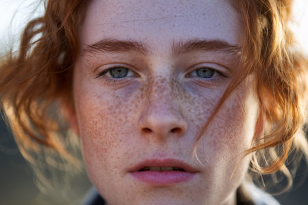 Portrait of a young Caucasian woman with bright blue eyes and red curly hair, showcasing natural beauty.の素材