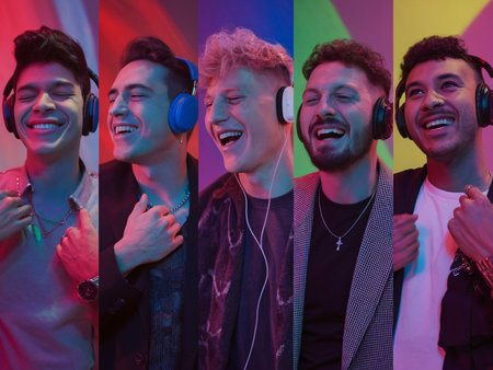 Five young men of diverse backgrounds enjoying music in vibrant colors, sharing smiles and laughter.の素材