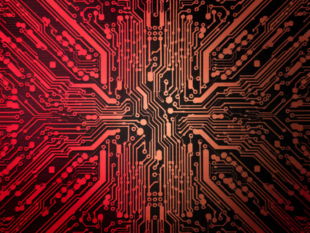A detailed abstract image of a circuit board design in red and black tones, evoking a technological vibe.の素材