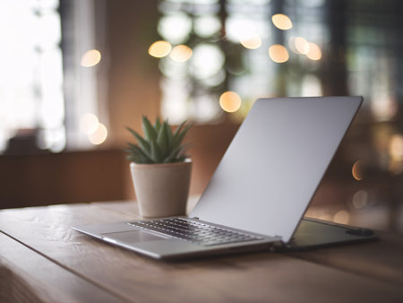 A sleek laptop sits on a wooden table beside a potted plant, giving a calm and focused ambiance.の素材