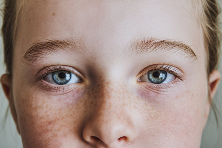 Close-up portrait of a young girl with striking blue eyes and freckles.の素材