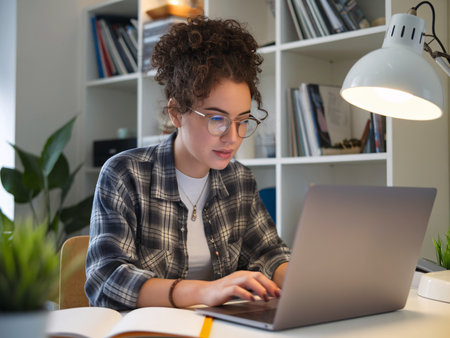 Young woman with curly hair wearing glasses, focused on her laptop in a cozy study space.の素材