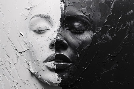 Artistic representation of a woman's face, divided starkly in black and white, symbolizing contrast.の素材