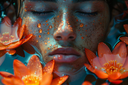 A serene young woman with freckles, surrounded by vibrant orange flowers, immersed in a tranquil setting.の素材