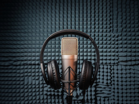 A silver microphone with black headphones against a textured soundproof wall.の素材