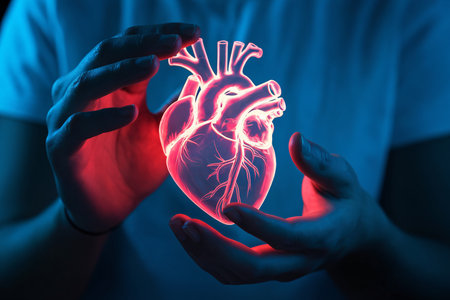 A person holding a glowing heart model, showcasing anatomical details in a dramatic blue lighting.の素材