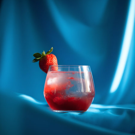 Refreshing red cocktail garnished with fresh strawberry against a vibrant blue backdrop.の素材
