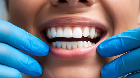 Close-up of a smiling woman revealing perfect teeth, gloved hands gently holding her cheeks.の素材