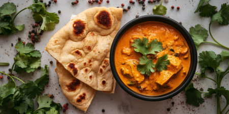 Delicious chicken curry served with fresh naan bread, garnished with coriander leaves.の素材