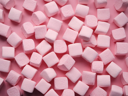 A plethora of soft, pink marshmallows scattered on a pastel pink background.の素材