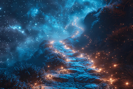 A mystical pathway illuminated by glowing lights, leading through a starry night sky.の素材