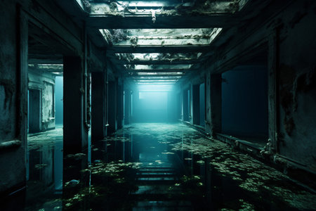 Eerie underwater scene with light filtering through a flooded, derelict building.の素材